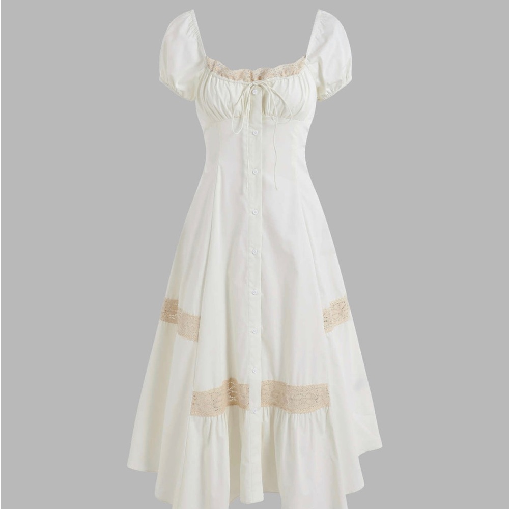 CIDER Shirred Lace Trim Asymmetrical Hem Midi Dress